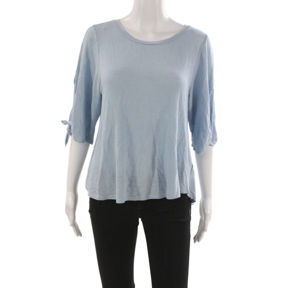 Velvet Women Light Blue Linen Blend Round Neck Tie 3/4 Sleeve Blouse Size XS